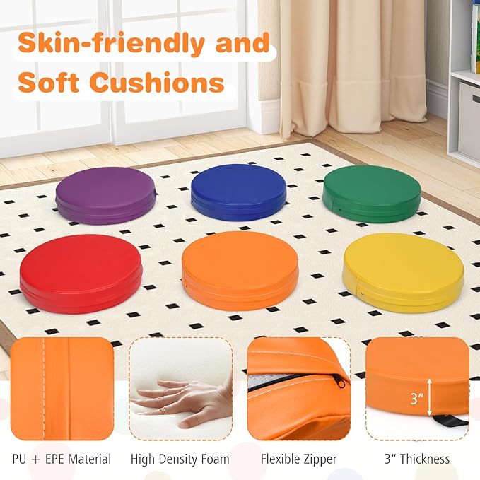 DORTALA 6 PCS Round Flexible Seating Floor Cushions, PU + EPE Portable Classroom Cushion w/Handles, Stackable Seating Cushions for Classroom, Daycare, Preschool (Red)