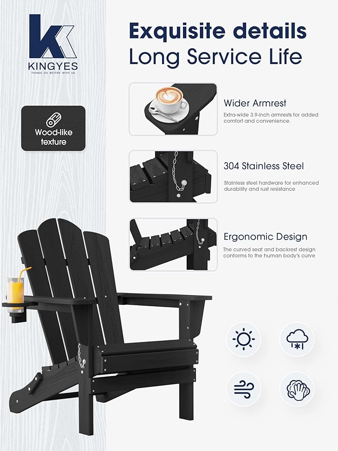 KINGYES Folding Adirondack Chair Set of 4, HDPE All-Weather Patio Chairs with Cup Holder, Wooden Textured Fire Pit Chairs for Poolside, Backyard, Deck, Black