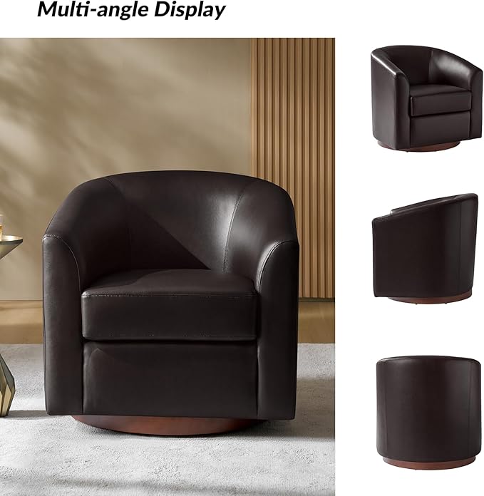 HULALA HOME Faux Leather Swivel Accent Chairs Set of 2 with Solid Wood Base, Round Swivel Barrel Chairs for Living Room and Bedroom, Brown