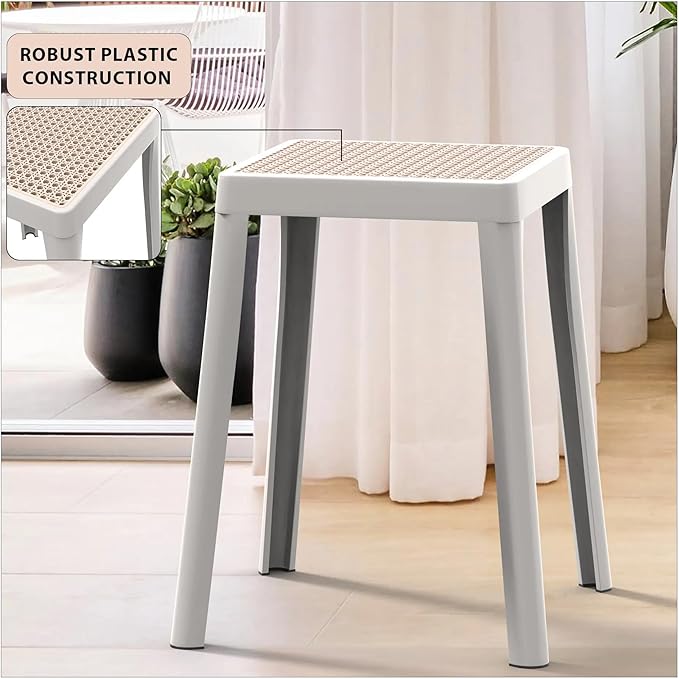 LeisureMod Tresse Mid-Century Modern Square Plastic Dining Stool Set of 2, Stackable Accent Stools with Breathable Seat, Lightweight Seating for Kitchen, Dining Room, Bedroom, or Entryway (White)