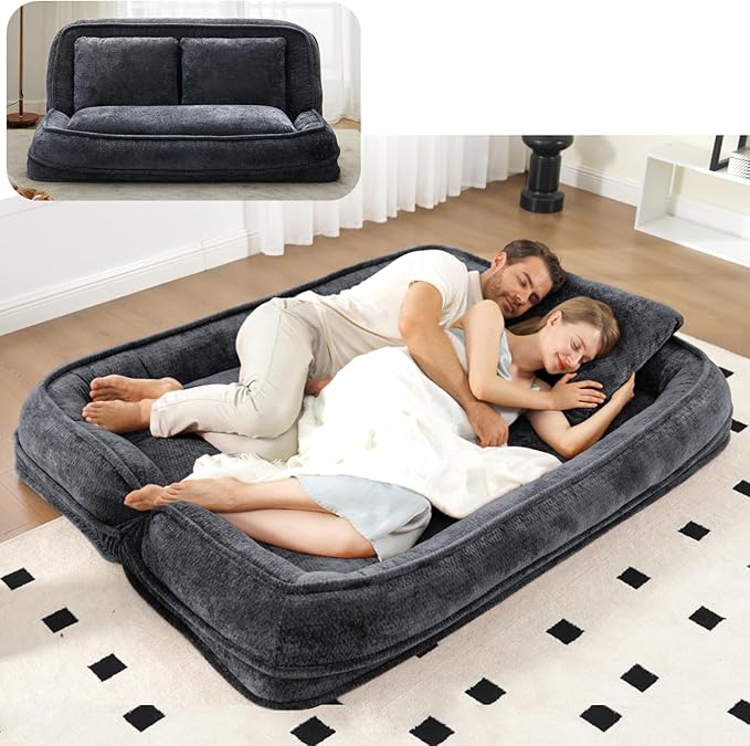 Foldable Lazy Sofa Bed, Chenille Upholstered Human Dog Bed for Adults, 2 in 1 Convertible Floor Sofa with 5 Adjustable Backrest Positions and Soft Cushions for Living Room (Dark Gray)