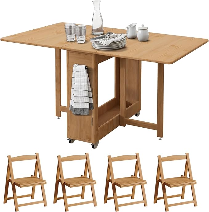 Bamboo Folding Dining Table Set for 4, Extendable Drop Leaf Foldable Table with Lockable Wheels & Storage for Small Spaces Kitchen Dining Room, Collapsible Dinette Expandable Rectangle (Wood)
