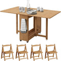 Bamboo Folding Dining Table Set for 4, Extendable Drop Leaf Foldable Table with Lockable Wheels & Storage for Small Spaces Kitchen Dining Room, Collapsible Dinette Expandable Rectangle (Wood)