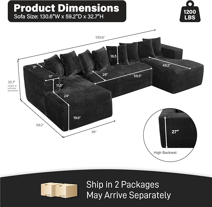 Modular Sectional Sofa, 130" U Shaped Cloud Couch Plush Corduroy Comfy Deep Seat Boneless Sofas with 8 Pillows Double Chaise Lounge Sectional Couches with Memory Foam for Living Room - Black