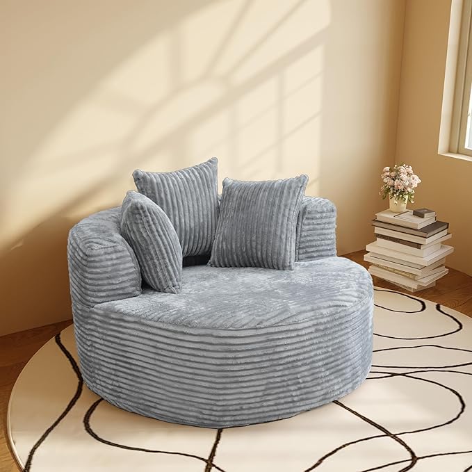 WJShome 50'' Corduroy Single Foam Couches, Oversized Round Chair with Pillows, Circle Chair Sleeper Couch,Modern Sleeper Boneless Sofa for Reading, Gray