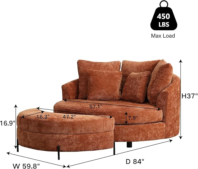 Chifee & Vingol 59.8" W Oversized Accent Barrel Chair Large Round Chair with Ottoman & Movable Wheels,Orange