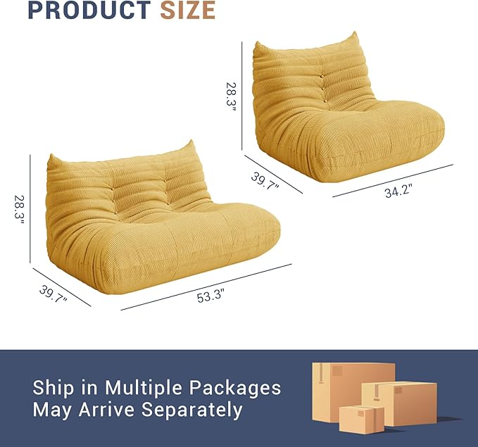 Fireside Chair Corner Bean Bag Chair for Adults, Modern Corduroy Fabric Caterpillar Sofa Couch, Lazy Floor Sofa Armless Foam Couch Lounger Tatami Recliner for Living Room Bedroom Dorm Office