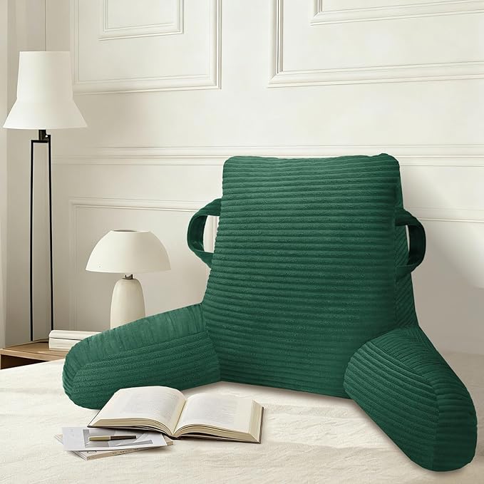 ABROLOY Reading Pillow for Sitting in Bed Adult, Bed Reading Pillow with Shredded Memory Foam, Back Pillow for Sitting with Arms and Pockets, Green