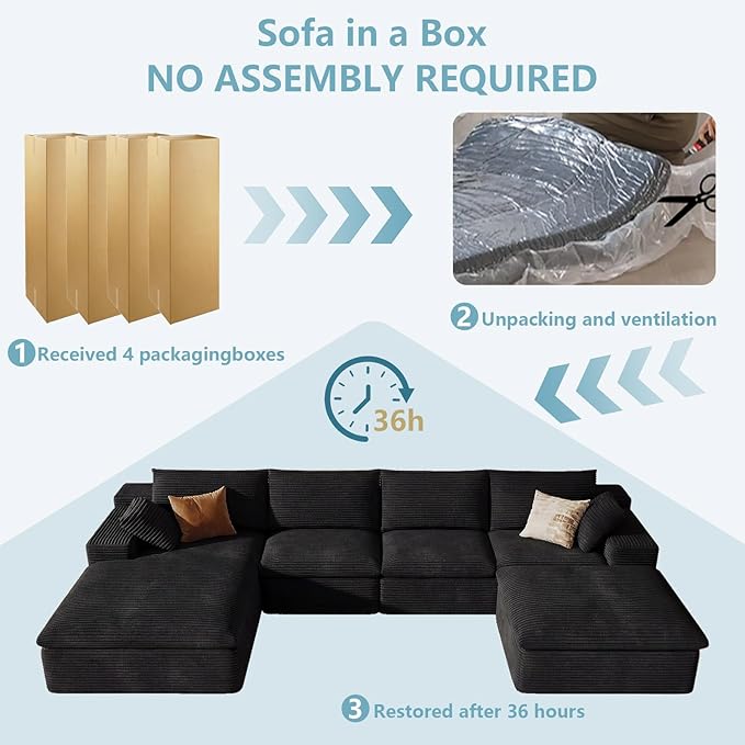 136" Cloud Sectional Couch with U-Shaped Chaise,Corduroy Viral Boneless Sofa with Ottoman,Memory Foam Couches in a Box with Deep Seat for Living Room,No Assembly Required (Black,Left-Facing Chaise)