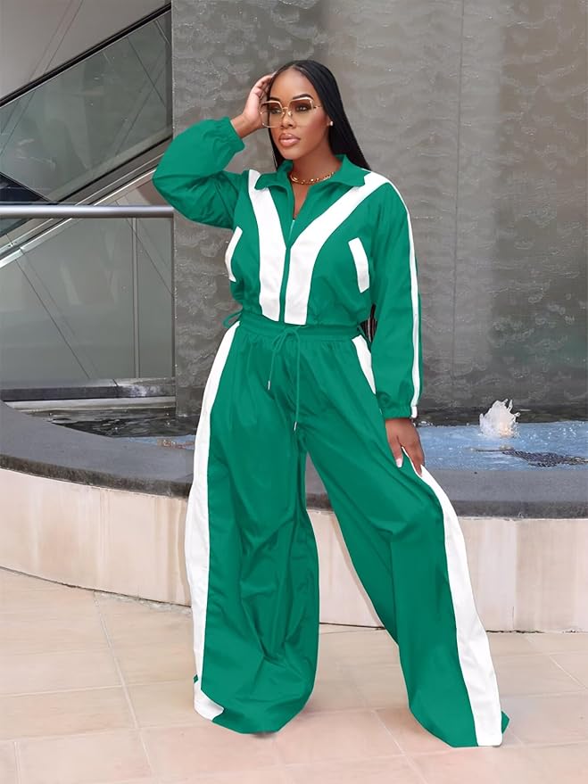 Women Striped 2 Piece Outfits Fall Workout Sets Windbreaker Tracksuit Crop Jacket Wide Leg Pants with Pockets