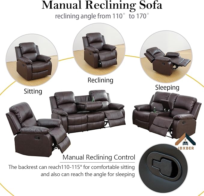 JBXBER Manual Recliner Sofa Set for Living Room, Leather Reclining Sofa Sets, Faux Leather Couch Set with Cup Holders, Drop-Down Table and Storage Console(Sofa and Chair,Brown)