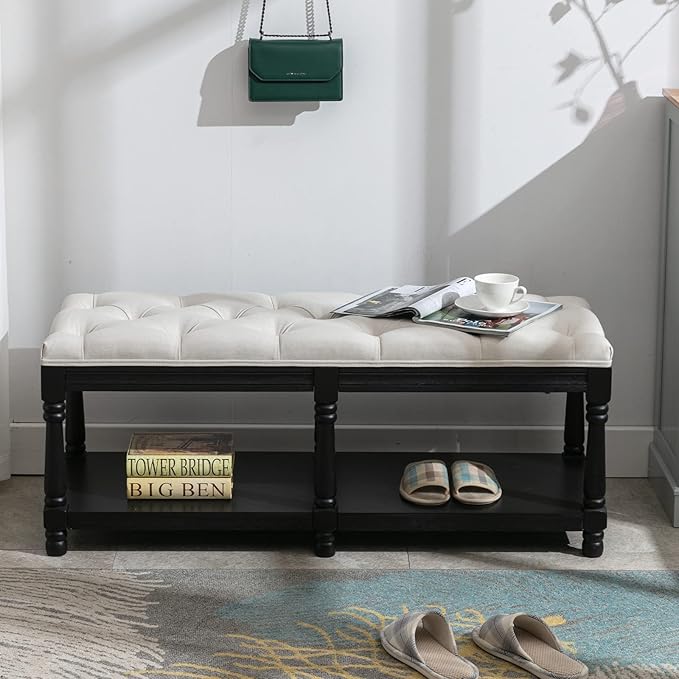 Farmhouse Storage Bench Wooden Entryway Linen Upholstered Ottoman Button Tufted Bench with Black Legs for Bedroom End of Bed Hallway Organizer, Beige, 45 Inch