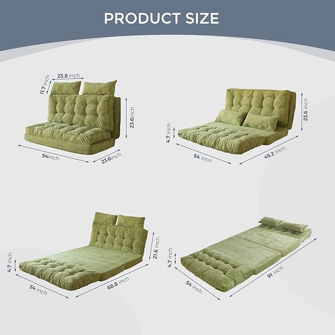 MAXYOYO Bean Bag Bed Tufted Folding Sofa Couch with Pillows Floor Mattress for Adults, Extra Thick and Long Floor Sofa, Full Floor Couch Bed for Bedroom Living Room, Green, 54x91 Inch