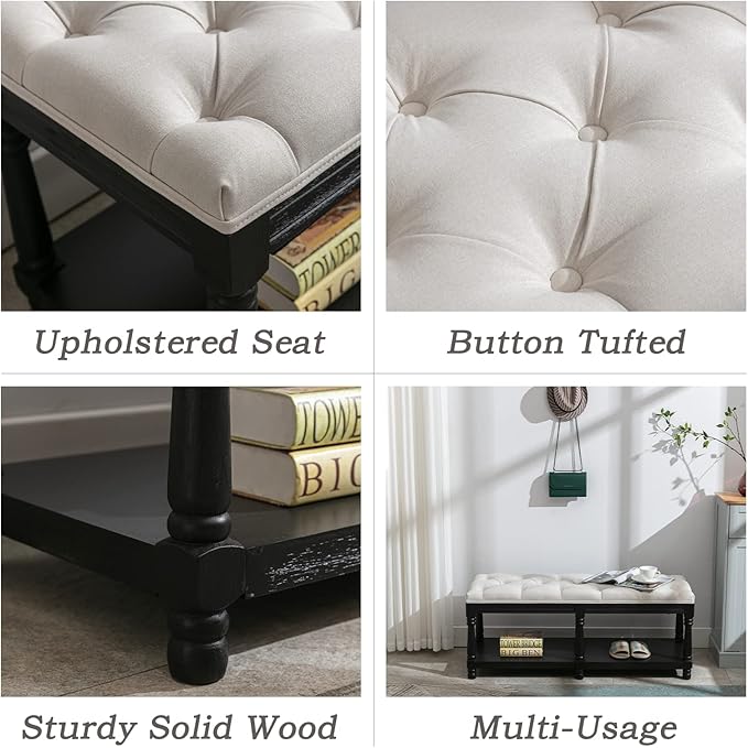 Farmhouse Storage Bench Wooden Entryway Linen Upholstered Ottoman Button Tufted Bench with Black Legs for Bedroom End of Bed Hallway Organizer, Beige, 45 Inch
