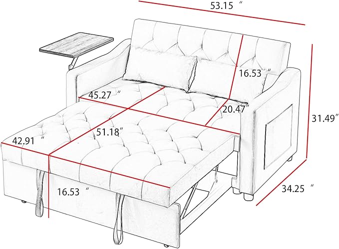 hansones 3-in-1 Convertible Sleeper Sofa Bed, Pullout Couch with 360° Swivel Side Table, Modern Chenille Fabric, Easy to Assemble, Folding Loveseat Sofa Bed for Living Room & Guest Room
