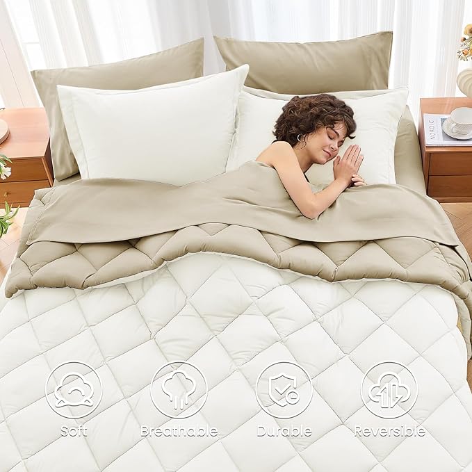 MUXHOMO 7 Pieces King Comforter Set, Reversible Bed in a Bag King Size, All Season Bedding Set with Comforter, Flat Sheet, Fitted Sheet, Pillowcases & Shams, Ivory & Khaki