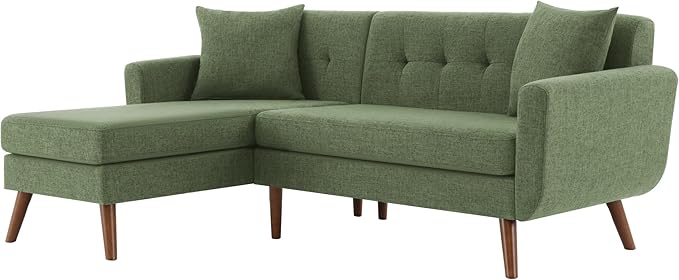Tbfit L Shaped Couch Sofa, 80" W Mid-Century Modern Sectional Couches, 3 Seater Sofas with Wide Chaise Lounge, Button Tufted Upholstered Sectional Sofa for Living Room, Bedroom, Green | linen fabric, button tufted, solid wood foot, pocket spring, wood ...