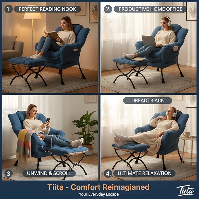 Tiita Lazy Chair with Ottoman, Blue Chairs Modern Large Accent Lounge Armchair, Comfy Leisure Sofa Reading Chair with Footrest for Bedroom, Living Room, Dorm Rooms, Garden and Courtyard, Blue