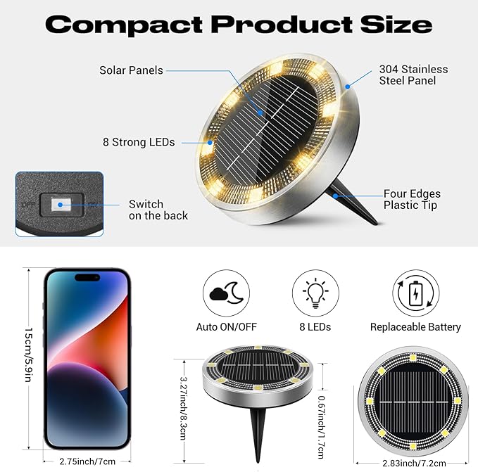 Peasur Solar Ground Lights Outdoor, 24 Pack Flat Solar Powered Disc Lights, IP68 Waterproof, Anti-Rust, Landscape Lighting for Pathway Garden Yard Lawn Walkway Landscape Driveway, Warm White
