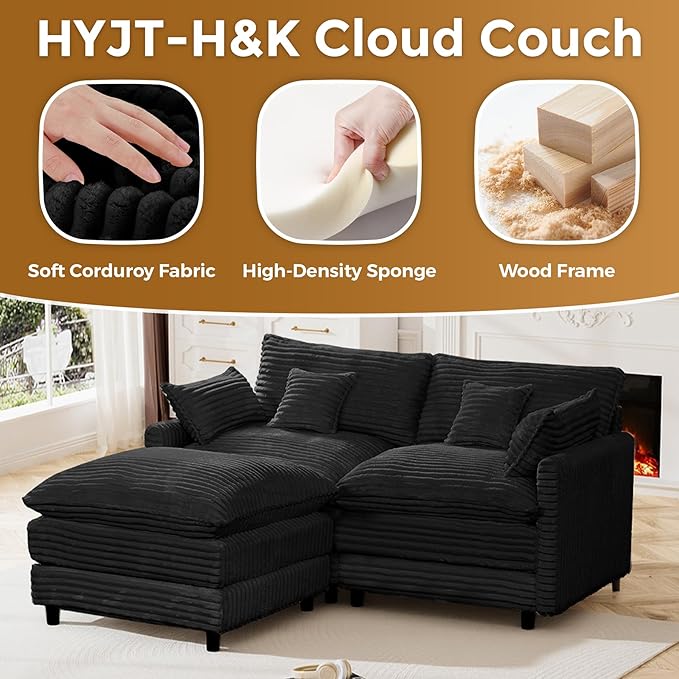 HYJT-H&K 74" L Shaped Cloud Couch Modular Small Sectional Couches for Living Room Small Spaces, Comfy Fluffy Corduroy Cloud Loveseat with Ottoman 3 Seat Sectionals Sofa, Black