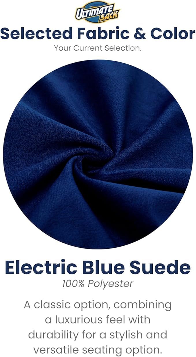 ULTIMATE SACK 6000 6-Foot Bean Bag Chair with Footstool, Electric Blue Suede Cover – Oversized Foam Lounger, Floor Seat, Small Sofa, or Couch Bed for Living Area, Gaming Room, or Reading Lounge