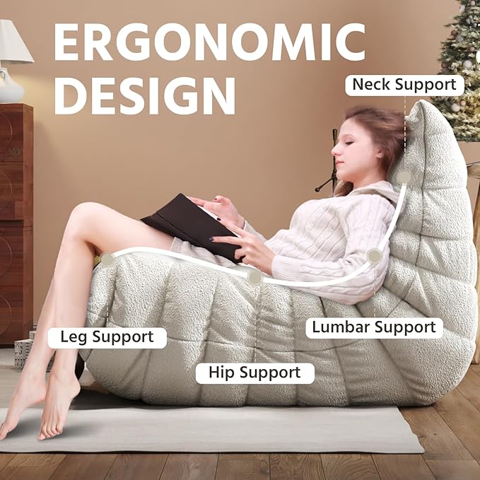 Bean Bag Chair, Fireside Chair, Large Bean Bag Chair for Adults, Bean Bag Chairs for Teens with High-Resilience Foam, Non-Slip Base Floor Lounge Sofa,Living Room (White, Single)