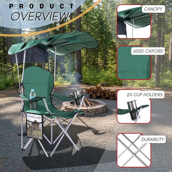 CozyBox Portable Folding Camping Chairs with Canopy Shade, Beach Chair for Adults, Durable Weather Resistant 600D Oxford Cloth, Camping Chair with Canopy for Outdoors [Green]