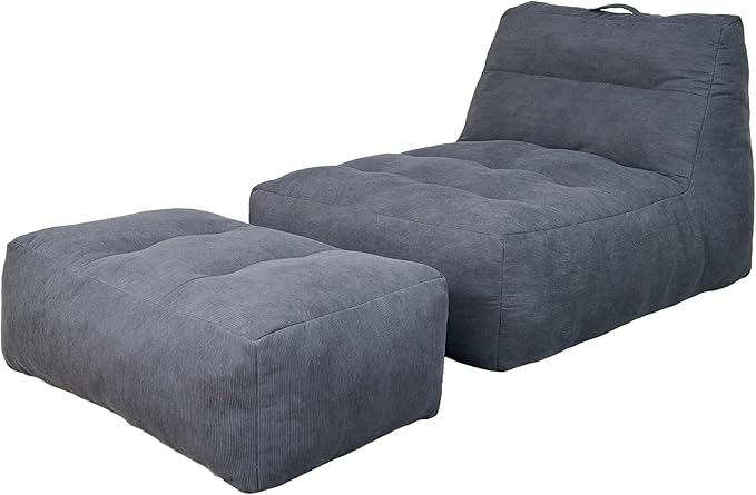 Bean Bag Chair with Ottoman, Giant Bean Bag Chairs for Adults with Memory Foam, Comfy Bean Bag Sofa for Bedroom, Lounge Beanbag of Reading and Gaming with Filler Included (Grey)
