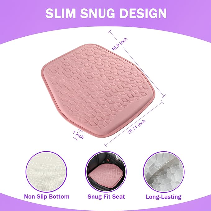 Binsheo Thin Gel Seat Cushion for Car Seat, Office Chair, Wheelchair, Golf Cart - Non-Slip Car Seat Cushions with 0.7 Inch Gel - Sciatica & Coccyx Pain Relief (Fabric, Pink)