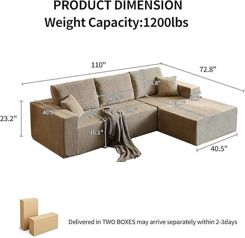110" Cloud Boneless Sectional Sofa for Living Room, No Assembly Modular L-Shaped Couch with Deep Seat, Frameless Corduroy Upholstery, Grey, 3-Seater Right-Facing Chaise