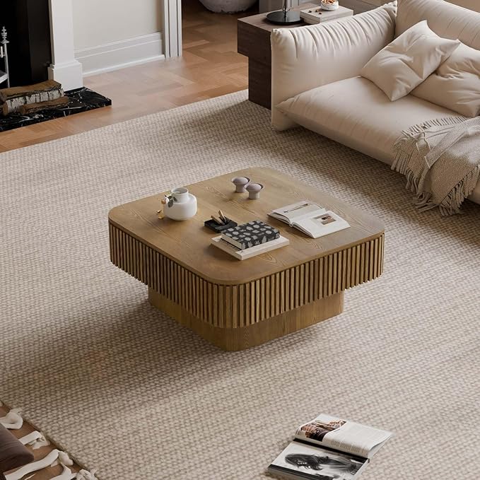 FGXJY Square Small Coffee Table with Storage, Modern Wooden Coffee Table with Solid Wood Veneered, Fluted Center Table Drum Tea Table for Living Room Apartment, 31.5''L×31.5''W×14''H