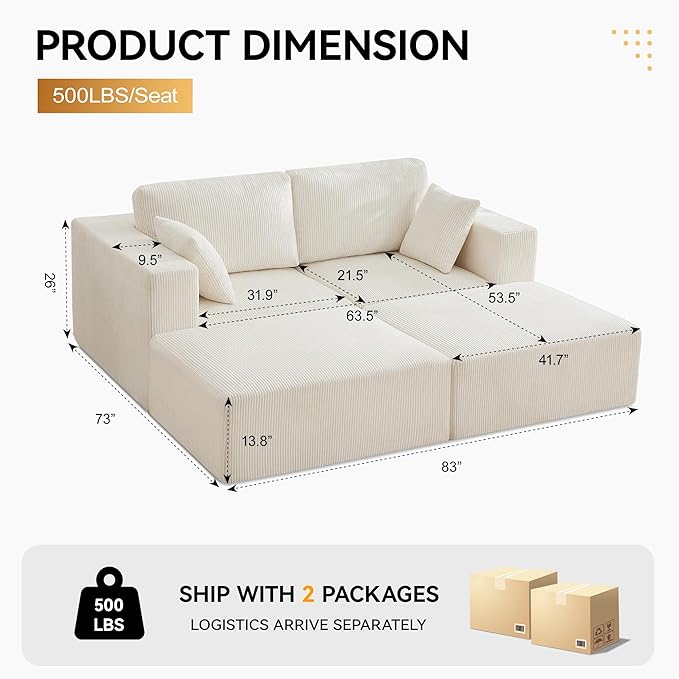 83'' Boneless Loveseat Sofa, Comfy Deep Seat Cloud Couch with 2 Moveable Ottoman, No Assembly Corduroy Love Seat for Living Room, Beige