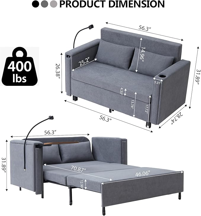 ORRD Pull Out Sofa Bed, 2-in-1 Multi-Functional Sleeper Couch Small Loveseat Bed with Hidden Side Table, Phone Holder and Cup Holder for Living Room, Small Space, Apartment (Grey)