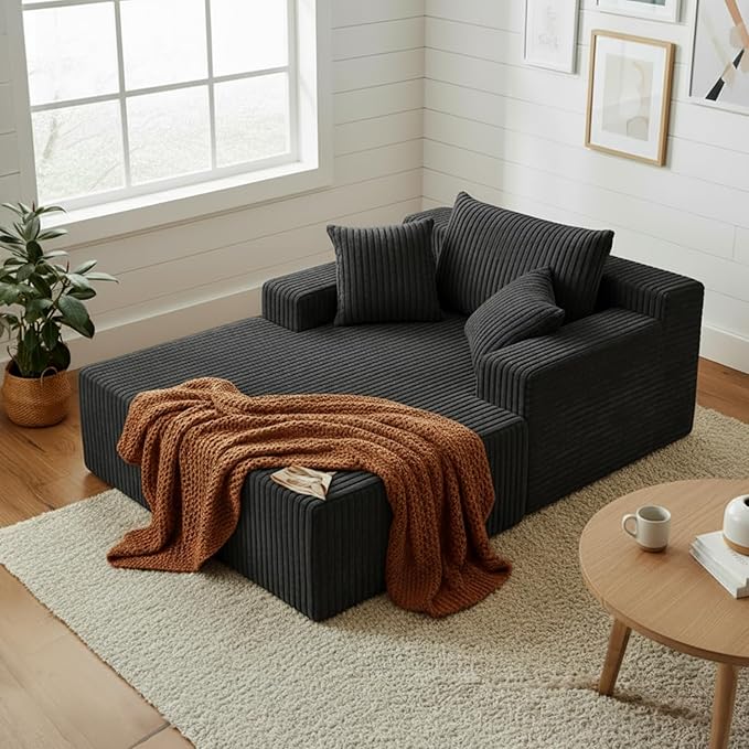 Sytopia Chaise Lounge with Armrests, Oversized Sofa Bed with 3 Pillows, Cozy Boneless Couch, Sleeper Reading Chair for Living Room Bedroom, Floor Sofa Corduroy, Furniture Sala, Volcanic Ash