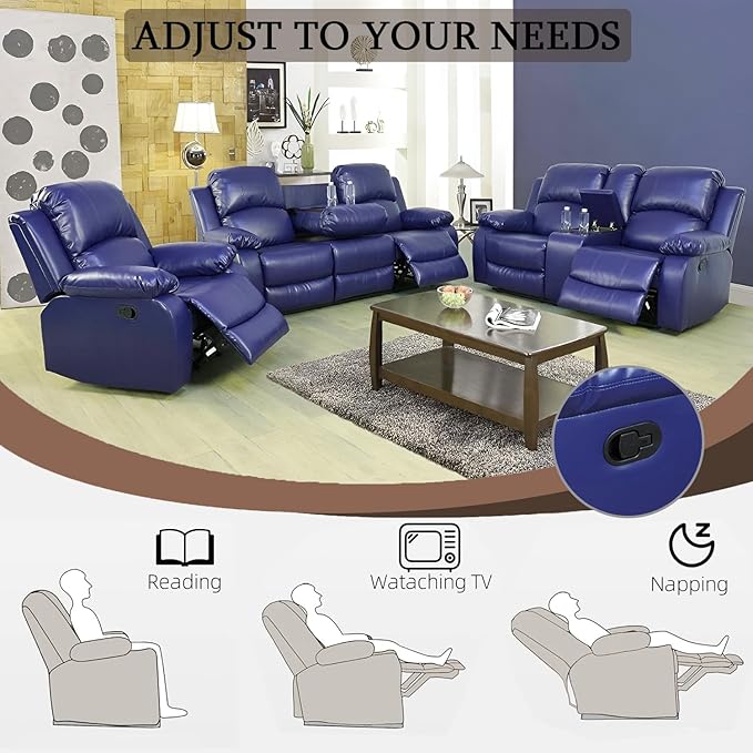 Caberryne Leather Recliner Sofa Set，Leather Reclining Couch for Living Room Furniture Sets，Purple Recliner Couch with 5 Recliners for Living Room/Office/Theater Seating(Sofa Set 3 Pieces)