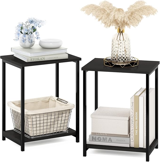 Furinno SIMPLISTIC Side Table Set of 2, 2-Tier Modern Metal Frame End Table with Open Shelf, Night Stand, Bedside Table, for Living Room, Bedroom, Espresso