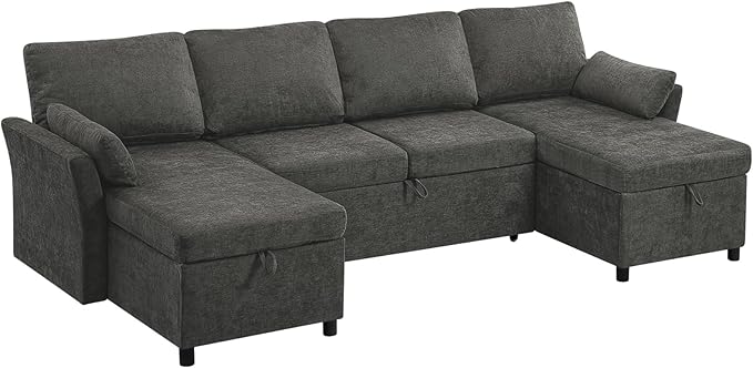 ACMEASE 107 Inches Fabric Sectional Sofa with Pull Out Sofa Bed, Modern U Shaped Sofa with Throw Pillows, Comfortable Sleeper Couch with Storage Chaise for Living Room, Grey