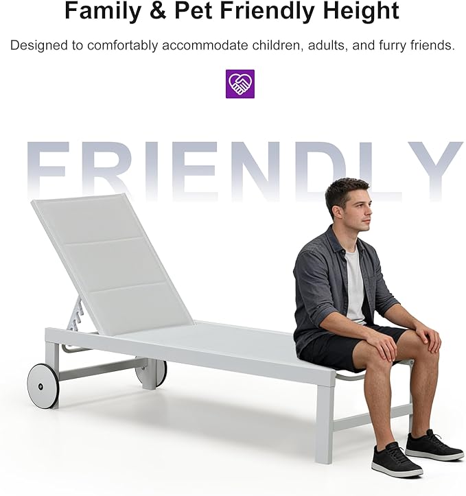 PURPLE LEAF Outdoor Chaise Lounge Set Elderly-Friendly Straight Legs Adjustable Sunbathing Recliner with Side Table for Back Support Poolside Beach Patio Lounge Chairs Cream