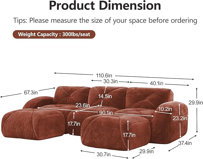 Modular Sectional Sofa with Free Combination,Boneless Floor Couch for Living Room & Lounge,Velvet 3-Seater Sectional Couch with 2 Ottomans,No Assembly Needed