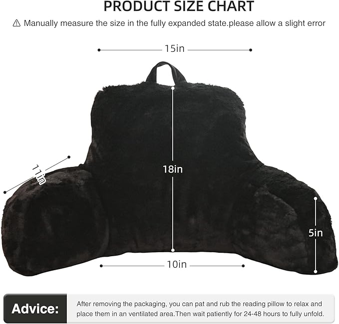 Aimuan Reading Pillow Bed Rest Pillow with Arms Rabbit Fur Cushion for Adults Teens Incline Rest Sitting up & Sleeping Snoring Pillow with Pregnancy Lumbar Back Support (Standard, Black)