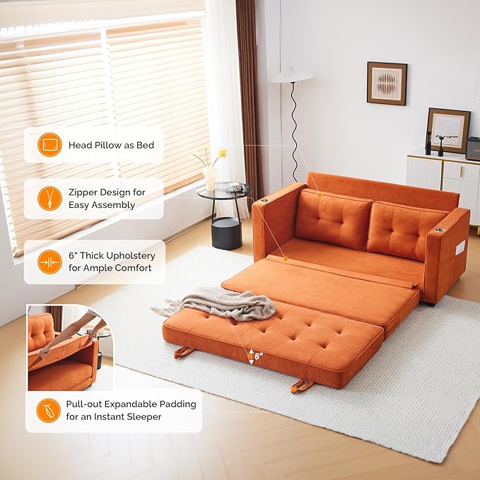VINGLI Sofa Bed Full Size Pull Out Couch Bed Burnt Orange Futon Couch 64" W 84" L Loveseat Sleeper Floor Couches for Living Room Convertible Loveseat Sofa Foldable Sofa Bed
