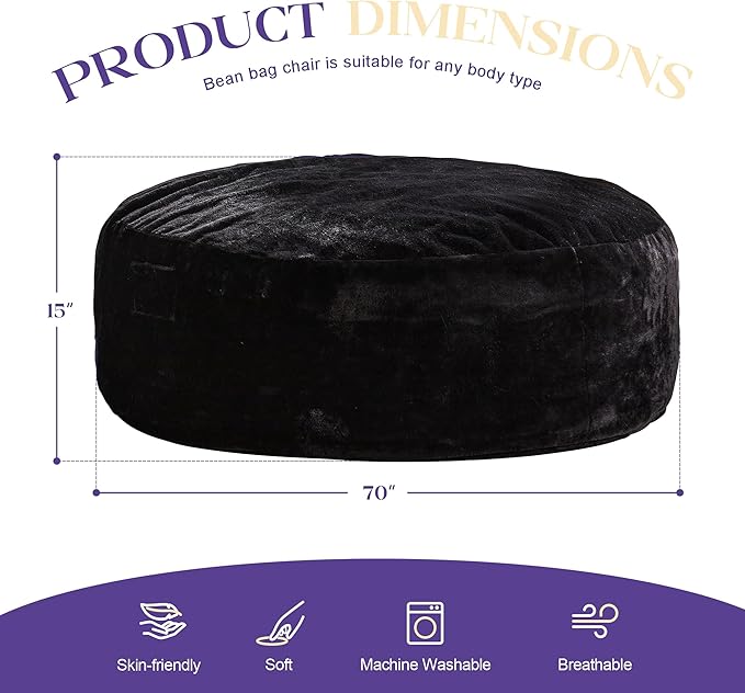 Hobestluk Bean Bag Chairs Giant Beanbag Chair with Filler, Memory Foam Bean Bags with Fluffy & Machine Washable Cover, Bean Bag Chairs for Aduts for Living Room, Bedroom (BLACK, 6FT - 70" x 70" x 15")