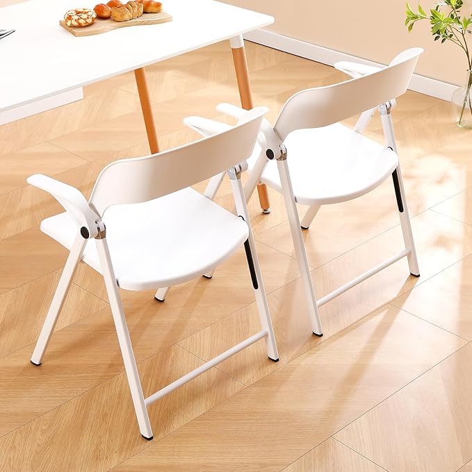 White Office Chair with Arms, Plastic Folding Chairs, Comfort Stackable Dining Chairs,Portable Foldable Chair with Steel Frame for Indoor, Outdoor, Wedding, Party, Lawn, Yard, Beach, 2Pack