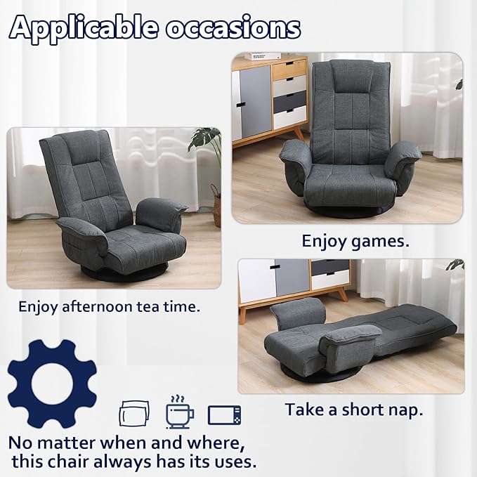 360 Degree Swivel Floor Chairs for Adults, Gaming Floor Chair with Back Support, 14 Angles Adjustable Comfortable Floor Lounge Chair Folding Video Game Chairs Office Bedroom 201 (Dark Grey)