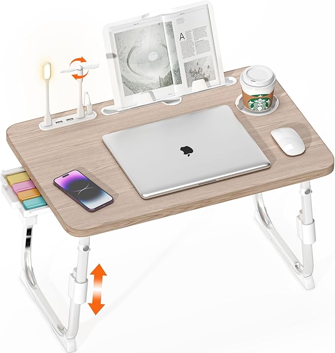 DECOSIS Laptop Desk for Bed Height Adjustable, Lap Bed Table with USB/Storage Drawer/Cup Holder/Tablet Stand/Book Shelf, Foldable Breakfast Tray Portable for Reading Writing, Sofa & Floor, Glacier