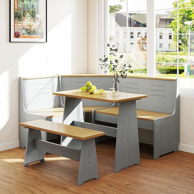 Breakfast Nook Corner Dining Table Kitchen Bench Chair Set, Space-Saving 3-5 People Seat Reversible L-Shape for Family Home Grey Wood