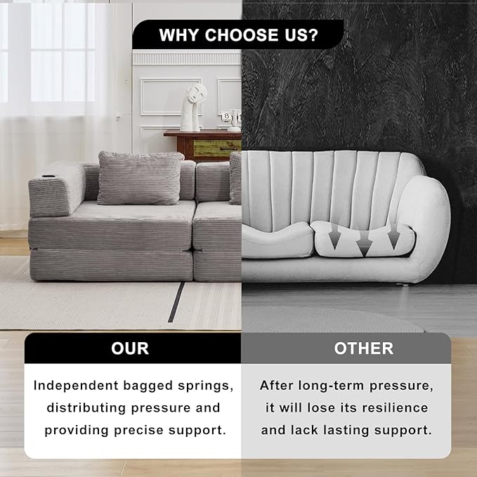 118" Oversized Convertible Sofa Bed, Modular Sectional Sofa with Cup Holder, Boneless Cloud Couch with Pillow Back & Armrest, Fold Out Floor Sofa for Living Room Bedroom Lounge, Corduroy, Light Grey