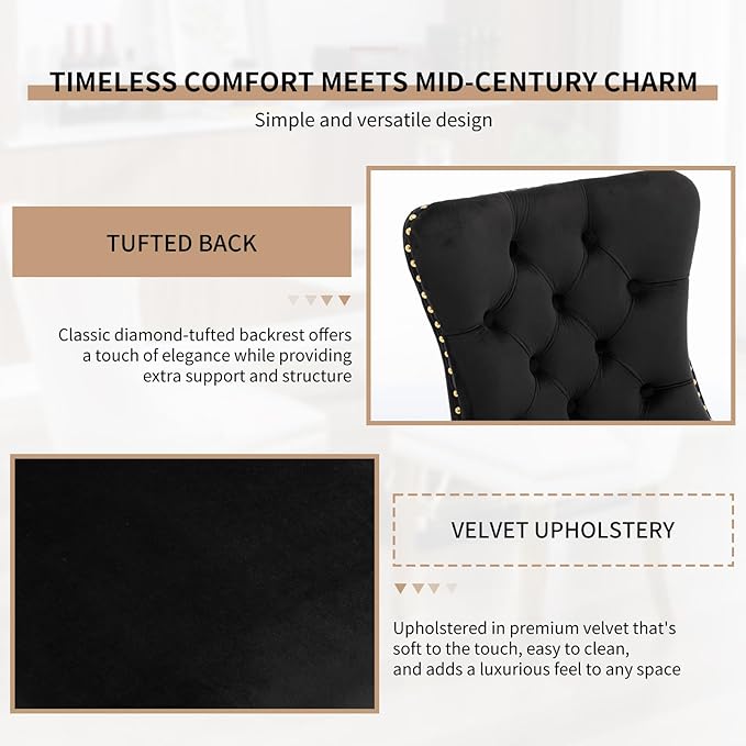 YeahFurn Mid Century Modern Dining Chairs Set of 8, Velvet Upholstered Tufted Back, Black Kitchen & Dining Room Chairs, Gold Metal Legs, Nailhead Trim, Sillas para Comedor (Black, 8 Pcs)