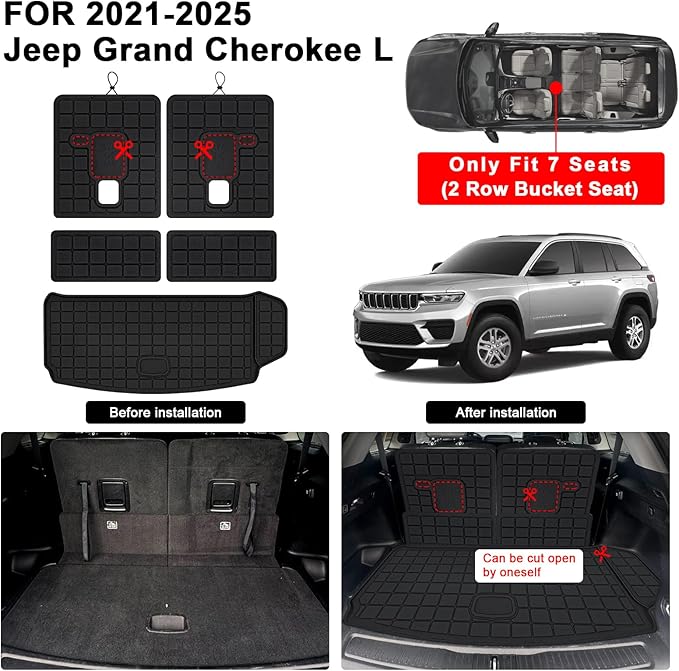 Floor Mats for 2021-2025 Jeep Grand Cherokee L 7 Seats (2nd Row Bench Seats) & Cargo Mat & Backrest Mat,TPE All Weather Protection Car Mats 2nd & 3rd Row Covering The Backrest Accessories