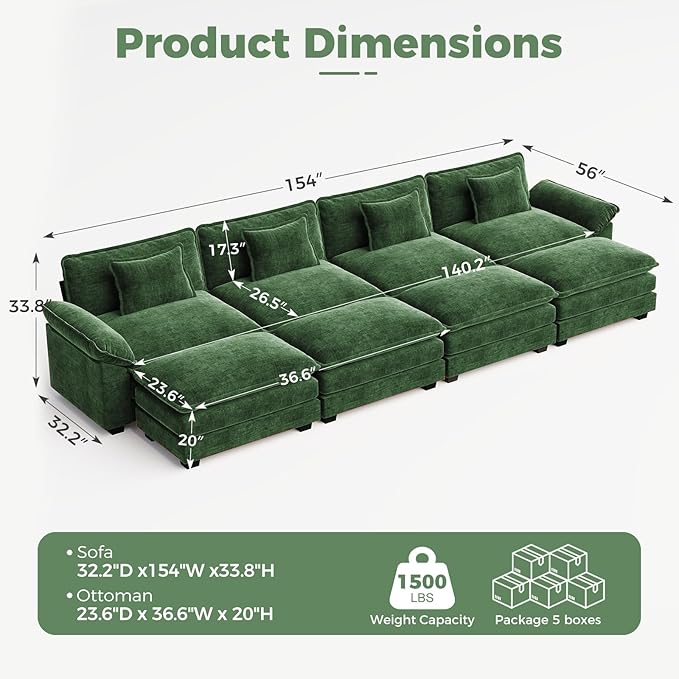 CDCASA 154" Oversized Modular Sectional Sofa Bed, Comfy Cloud Couch w/ 4 Movable Ottoman, 8-Seater Chenille Deep Seat Sofa Bed Modern Sofa Couch for Living Room, DIY Combination, Green